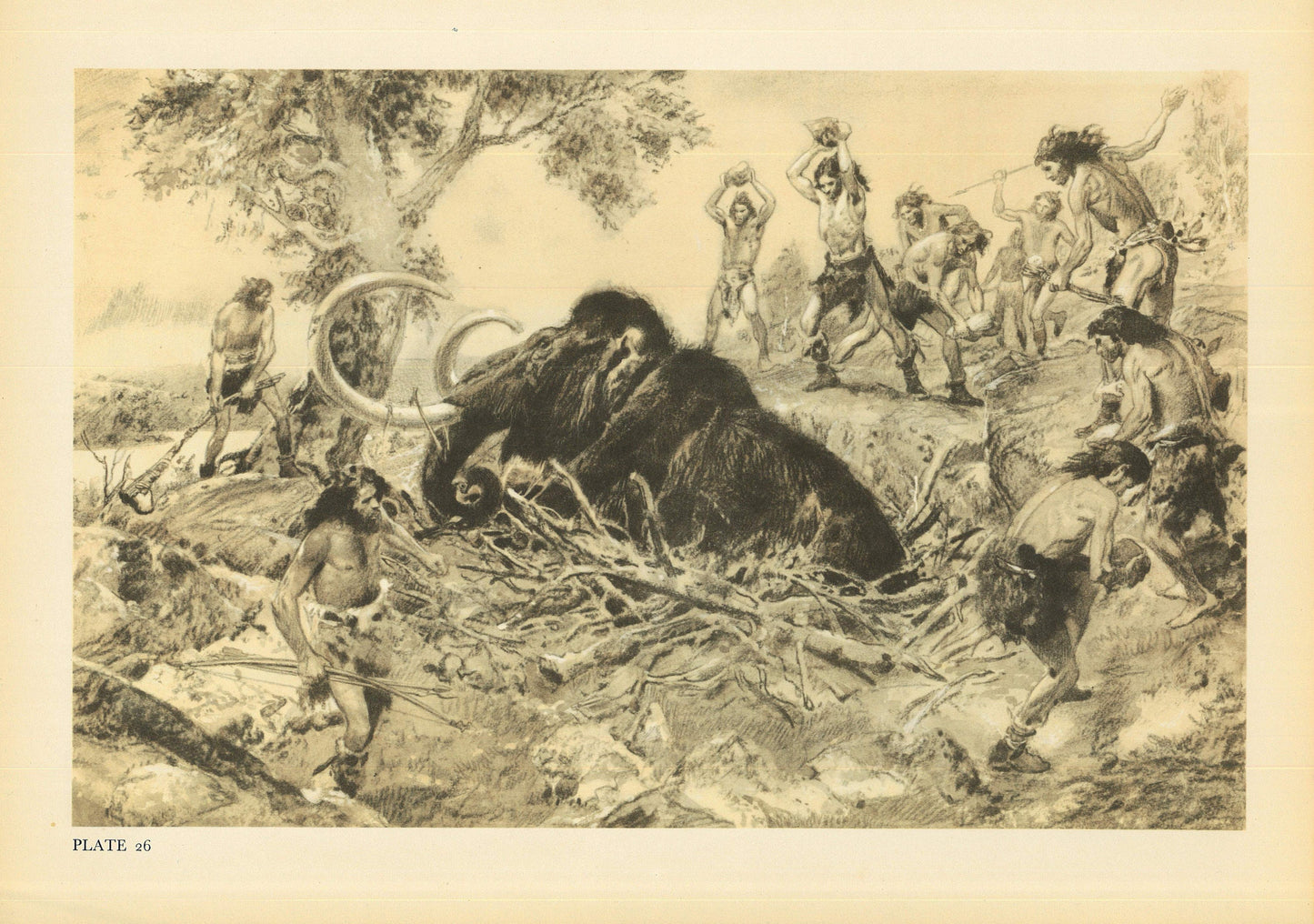 1960 CAVEMAN HUNTING MAMMOTH Print - Prehistoric Man Print - Paleoart - Human Evolution Print - Neanderthal Art - 13.5 x 9.75 Inches