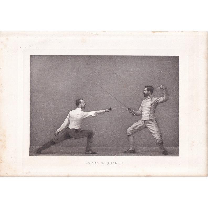 1890 SWORD FENCING Photogravure Print - Parry in Quarte - Original Antique - Vintage Sports Wall Art Decor - 7.5 x 5 Inches