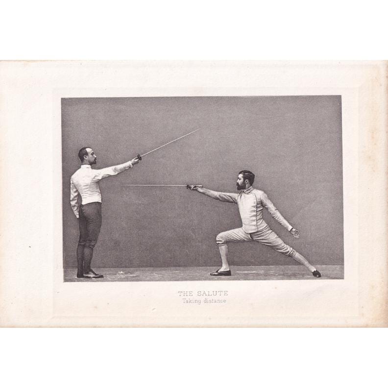 1890 SWORD FENCING Photogravure Print - The Salute, Taking Distance - Original Antique - Vintage Sports Wall Art Decor - 7.5