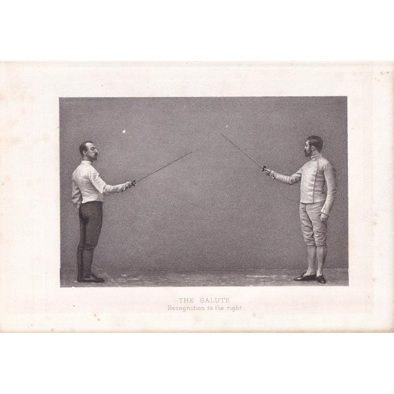 1890 SWORD FENCING Photogravure Print - The Salute, Recognition to the Right - Original Antique - Vintage Sports Wall Art - 7.5 x 5 Inches