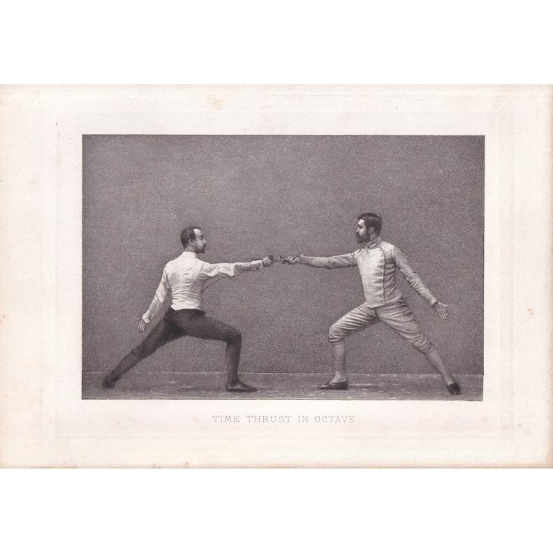 1890 SWORD FENCING Photogravure Print - Time Thrust in Octave - Original Antique - Vintage Sports Wall Art Decor - 7.5 x 5 In