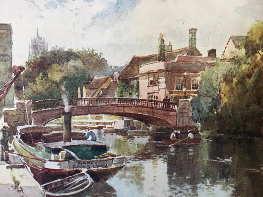 1907 CAMBRIDGE - GREAT BRIDGE, Bridge Street - William Mathison - Cambridge University Print - Cambridge Painting - 116 Years Old
