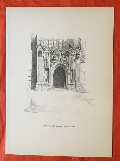 1927 CAMBRIDGE - KING'S COLLEGE Chapel, South Door, by W.G. Blackall - Original Print - Cambridge University Print - Over 90 Years Old