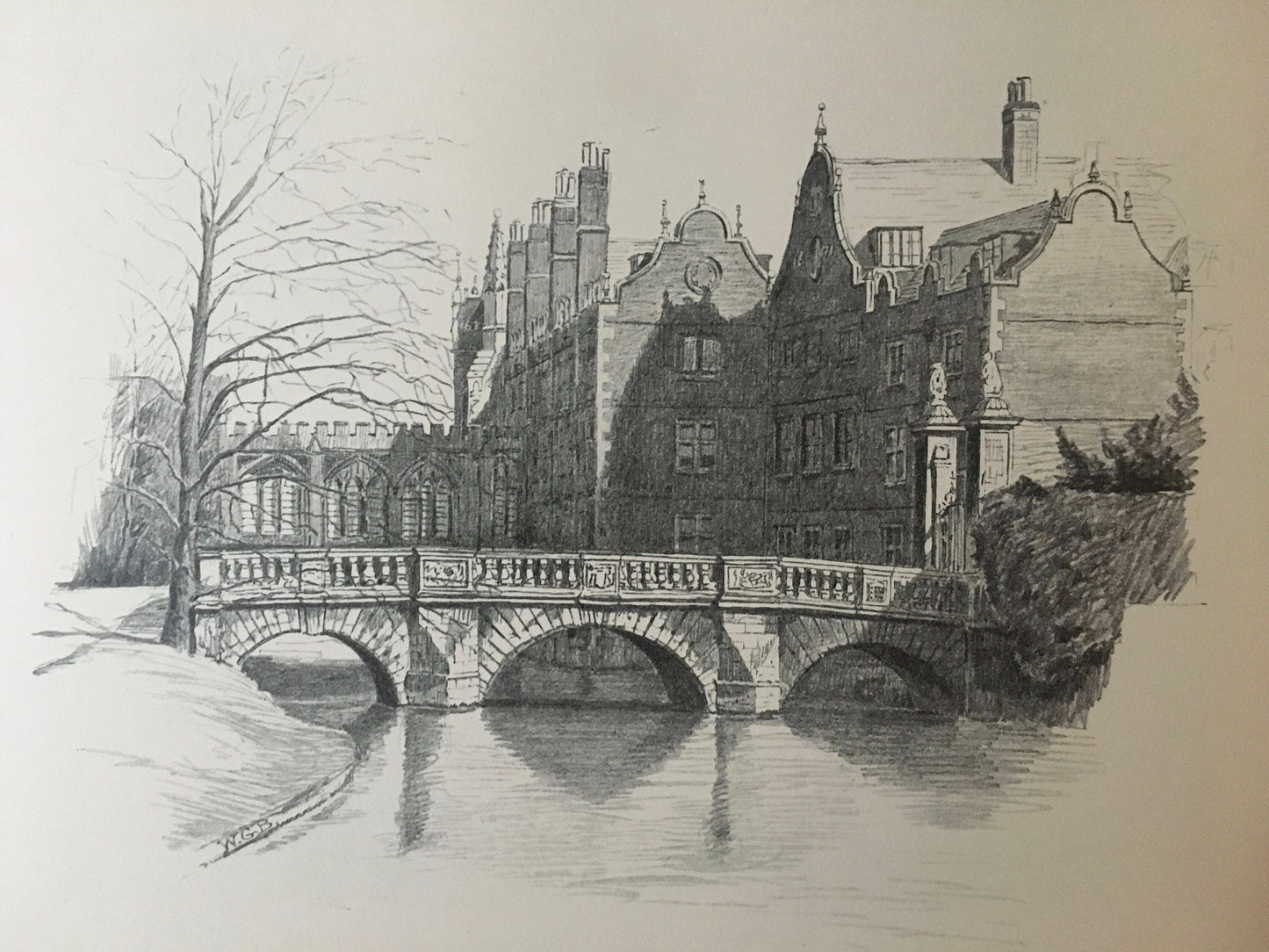 1927 CAMBRIDGE - St. JOHN'S COLLEGE, The Bridge, by W.G Blackall - Original Print - Cambridge University Print - Over 90 Years Old