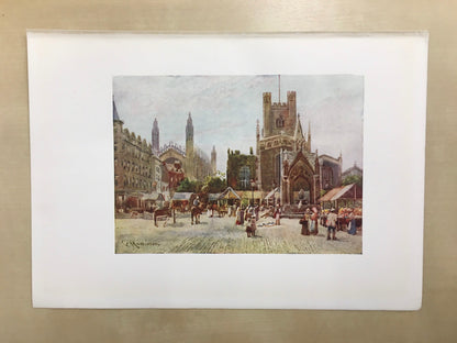 1907 CAMBRIDGE - MARKET SQUARE - William Mathison Painting - Cambridge University - Cambridge Painting - 116 Years Old