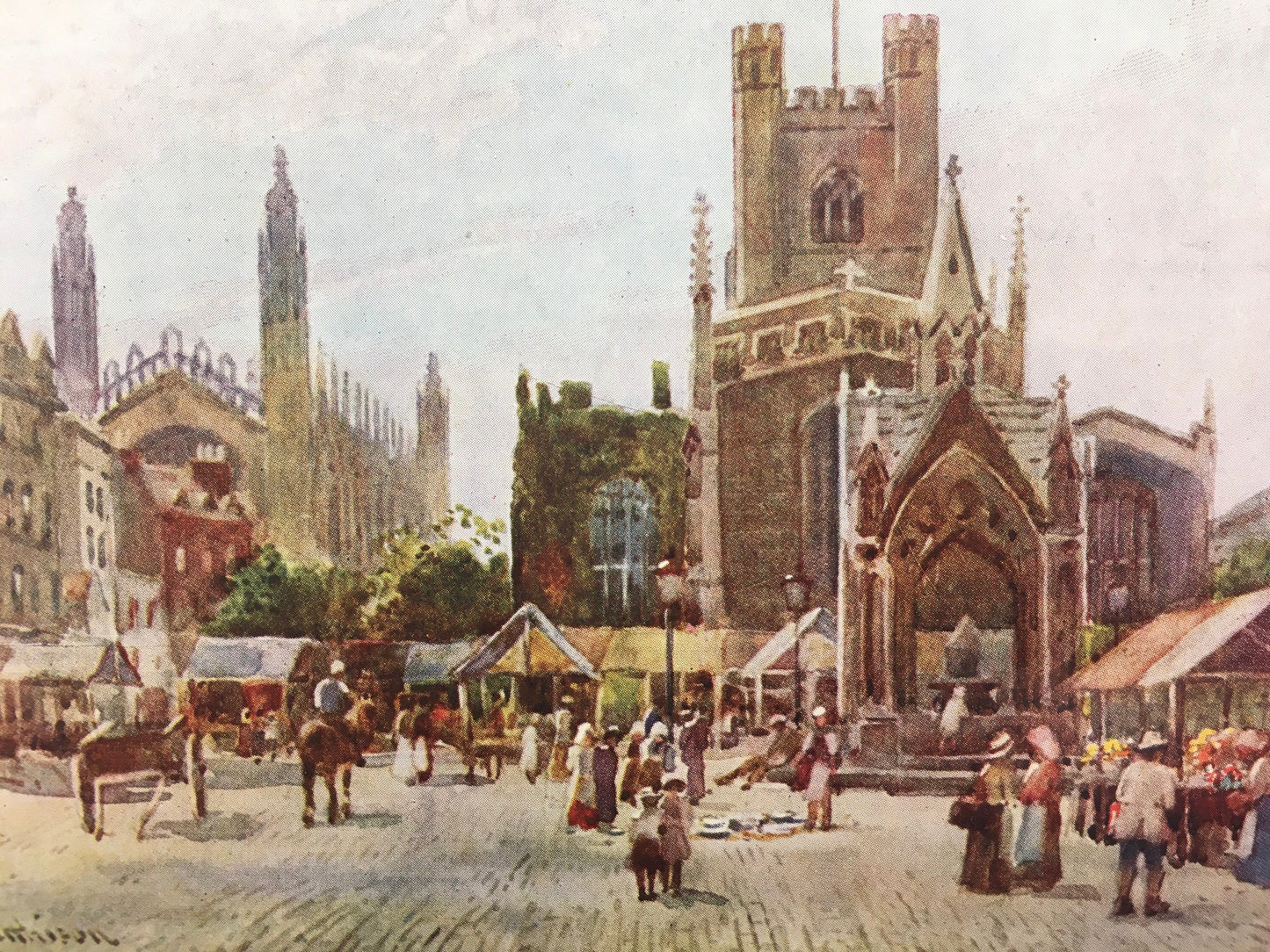 1907 CAMBRIDGE - MARKET SQUARE - William Mathison Painting - Cambridge University - Cambridge Painting - 116 Years Old