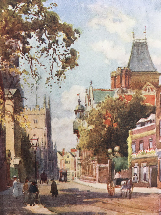 1907 CAMBRIDGE - TRUMPINGTON STREET From Peterhouse - William Mathison Painting - Cambridge University - Cambridge Painting - 116 Years Old