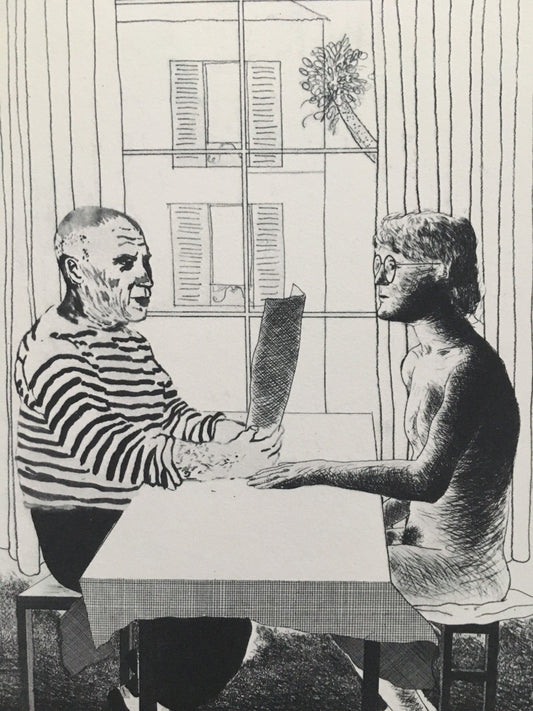 A vintage print from 1978 of "Artist and Model, 1974", by the British artist, David Hockney.