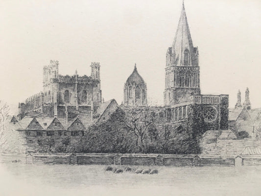 1934 OXFORD - CHRIST CHURCH Cathedral, from the Meadows, by W.G Blackall - Original Print - Oxford University Print - 7.5 x 9 Inches