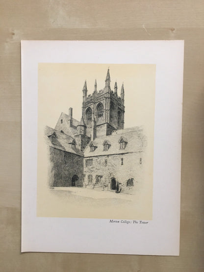 1934 OXFORD - MERTON COLLEGE Tower, by W.G Blackall - Original Print - Oxford University Print - 7.5 x 9 Inches