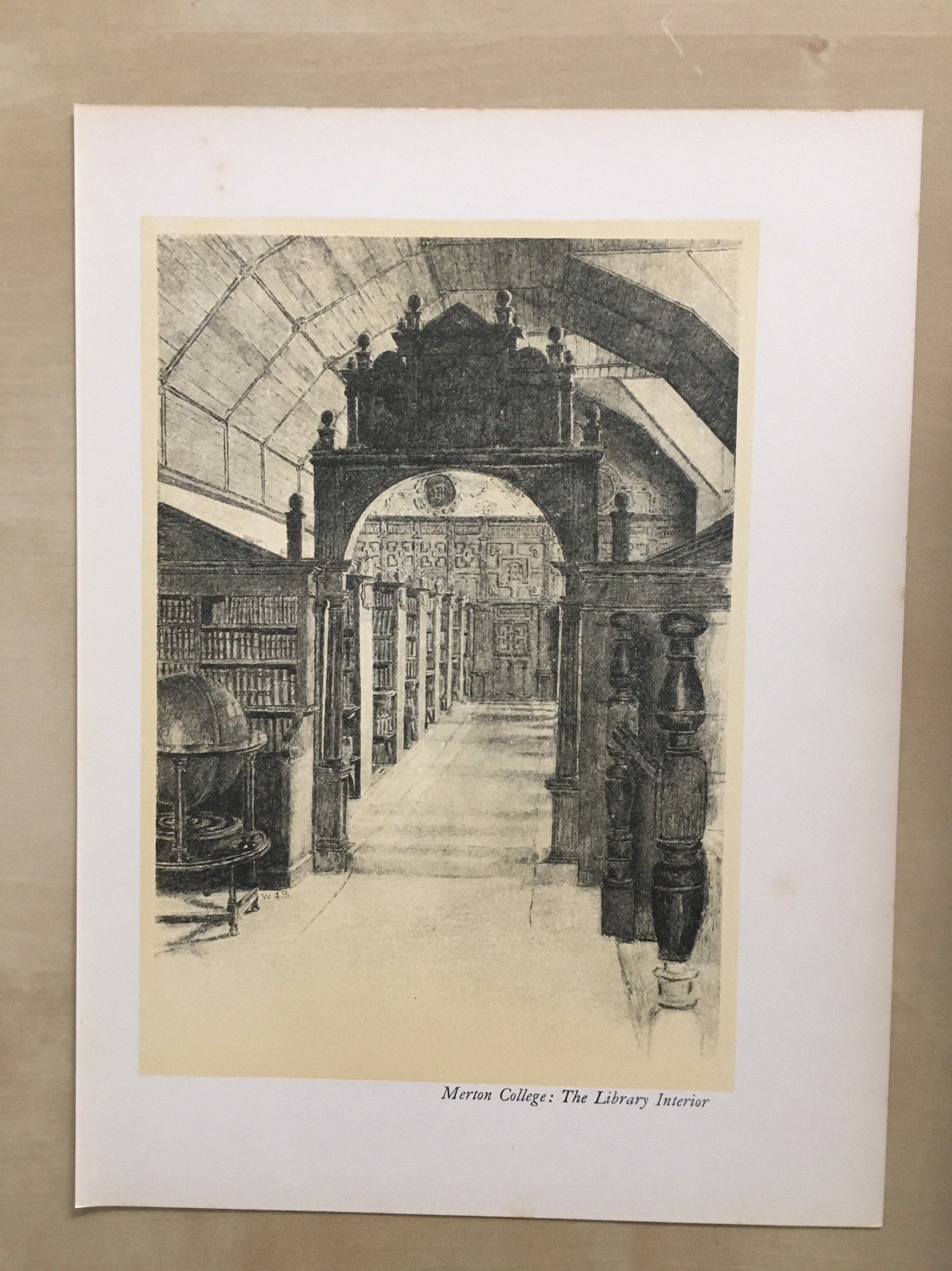 1934 OXFORD - MERTON COLLEGE Library Interior, by W.G Blackall - Original Print - Oxford University Print - 7.5 x 9 Inches
