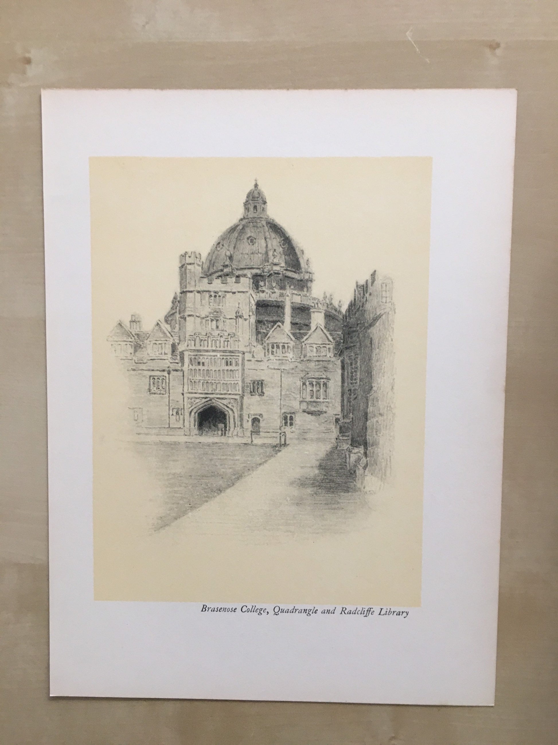 1934 OXFORD - BRASENOSE COLLEGE: Quadrangle and Radcliffe Library, by W.G Blackall - Original Print - Oxford University - 7.5 x 9 Inches