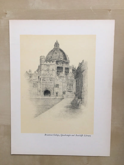 1934 OXFORD - BRASENOSE COLLEGE: Quadrangle and Radcliffe Library, by W.G Blackall - Original Print - Oxford University - 7.5 x 9 Inches