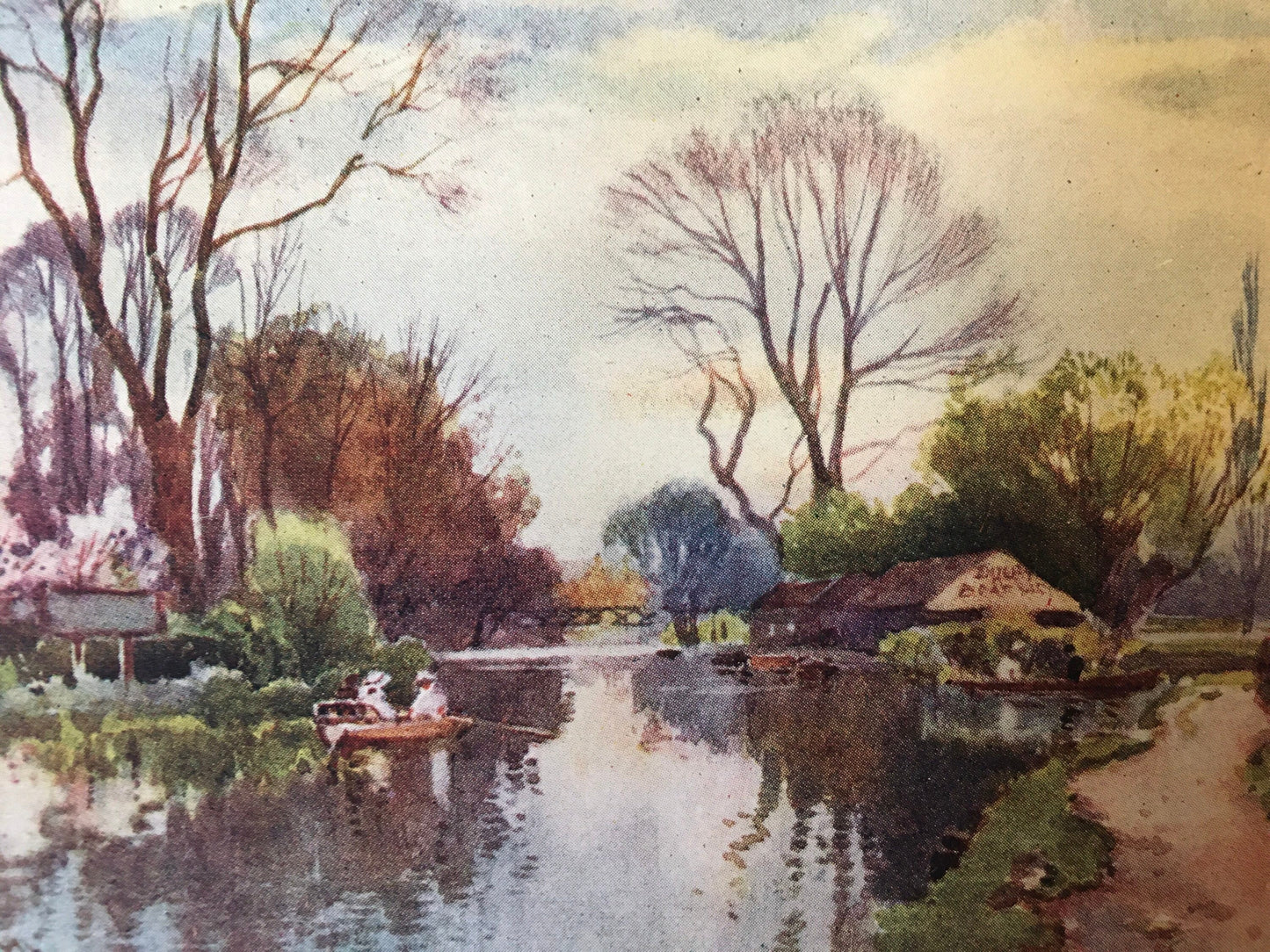 1907 CAMBRIDGE - BOATHOUSE on Robinson Crusoe's Island - William Mathison - Cambridge University - Cambridge Painting - 116 Years Old