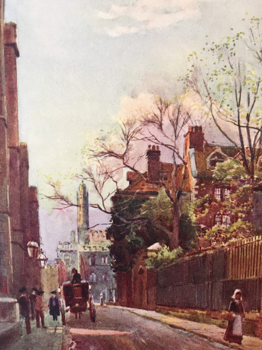 1907 CAMBRIDGE - QUEEN'S LANE (Old Mill Street) - William Mathison - Cambridge University - Cambridge Painting - 116 Years Old