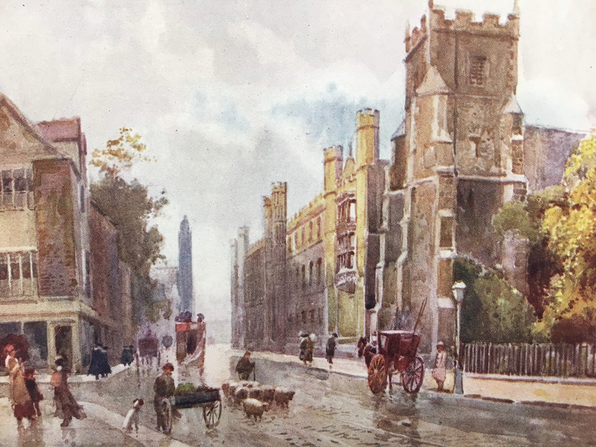 1907 CAMBRIDGE - St BOTOLPH'S CHURCH - William Mathison Painting - Cambridge University - Cambridge Painting - 116 Years Old