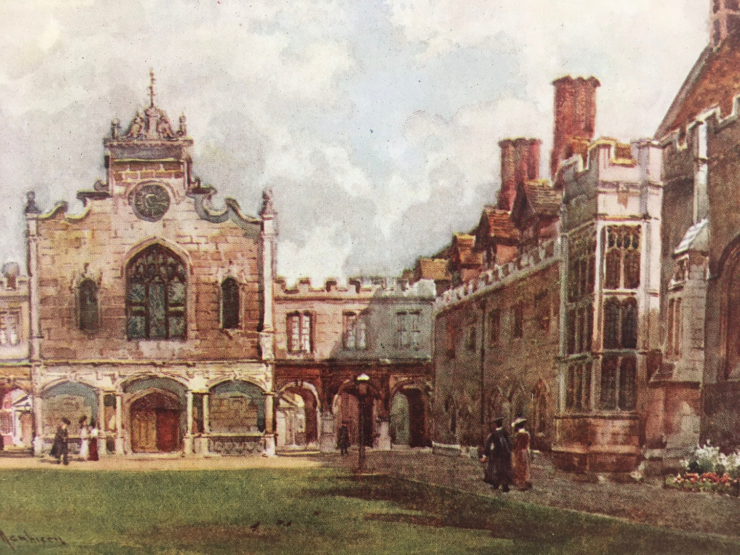 1907 CAMBRIDGE - PETERHOUSE: The First Court - William Mathison Painting - Cambridge University - Cambridge Painting - 116 Years Old