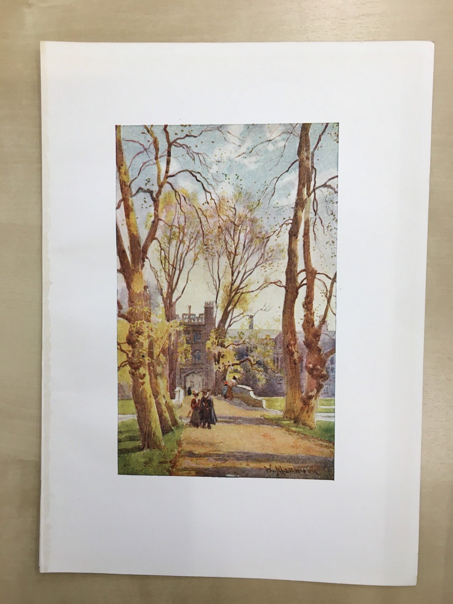 1907 CAMBRIDGE - TRINITY COLLEGE Bridge & Avenue - William Mathison Painting - Cambridge University - Cambridge Painting - 116 Years Old