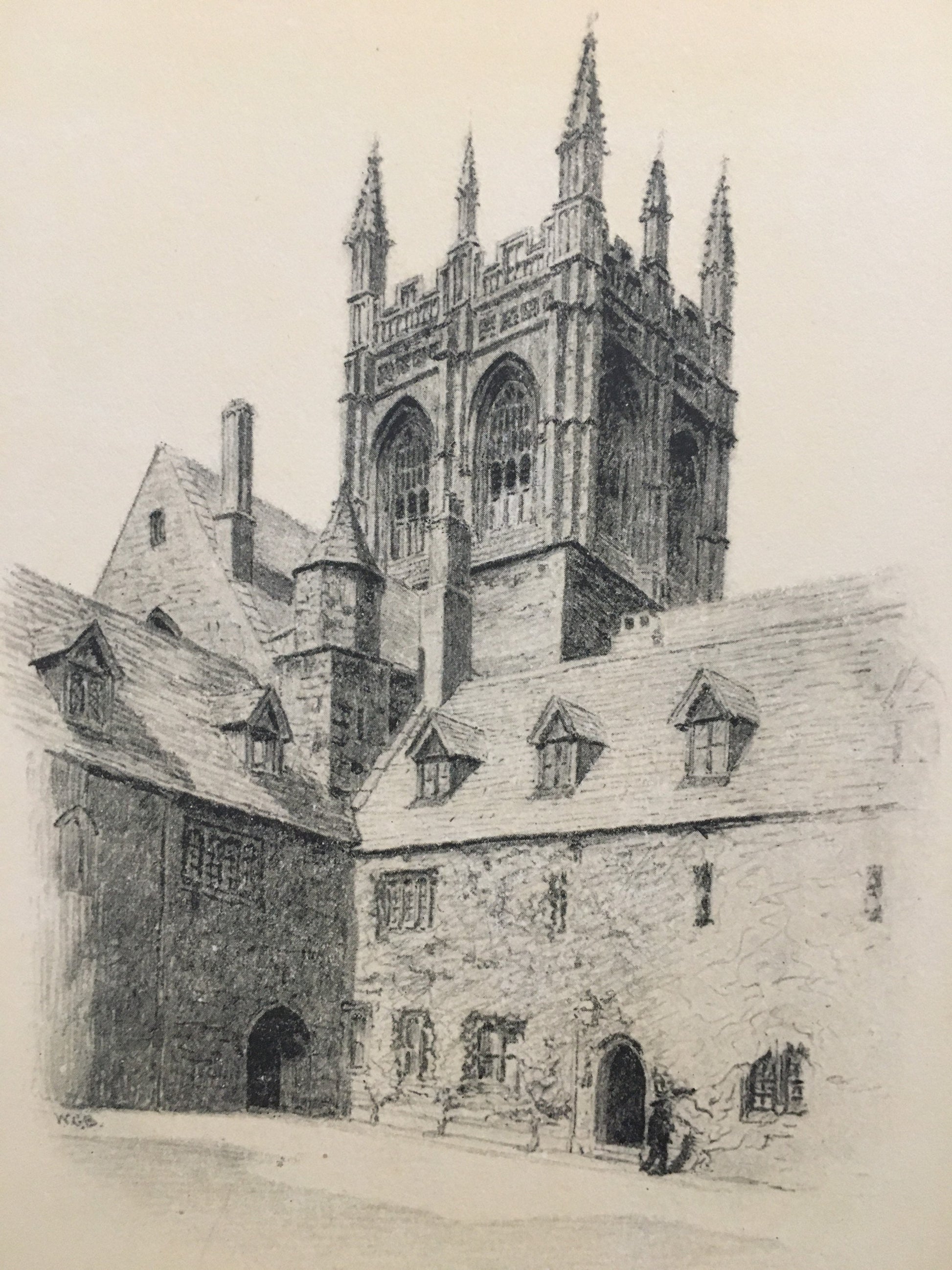 1934 OXFORD - MERTON COLLEGE Tower, by W.G Blackall - Original Print - Oxford University Print - 7.5 x 9 Inches