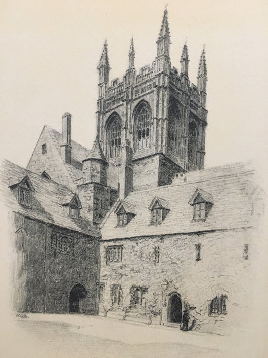 1934 OXFORD - MERTON COLLEGE Tower, by W.G Blackall - Original Print - Oxford University Print - 7.5 x 9 Inches