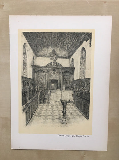 1934 OXFORD - LINCOLN COLLEGE Chapel Interior, by W.G Blackall - Original Print - Oxford University Print - 7.5 x 9 Inches