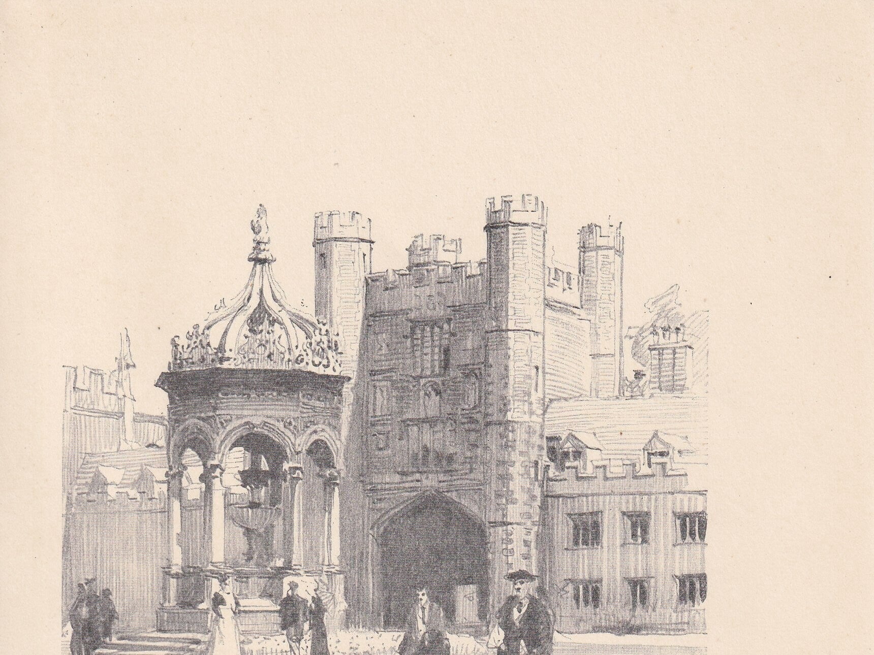 1926 CAMBRIDGE: TRINITY COLLEGE Fountain Court - Antique Cambridge Print - Cambridge University Print - Cambridge Wall Art - 97 Years Old