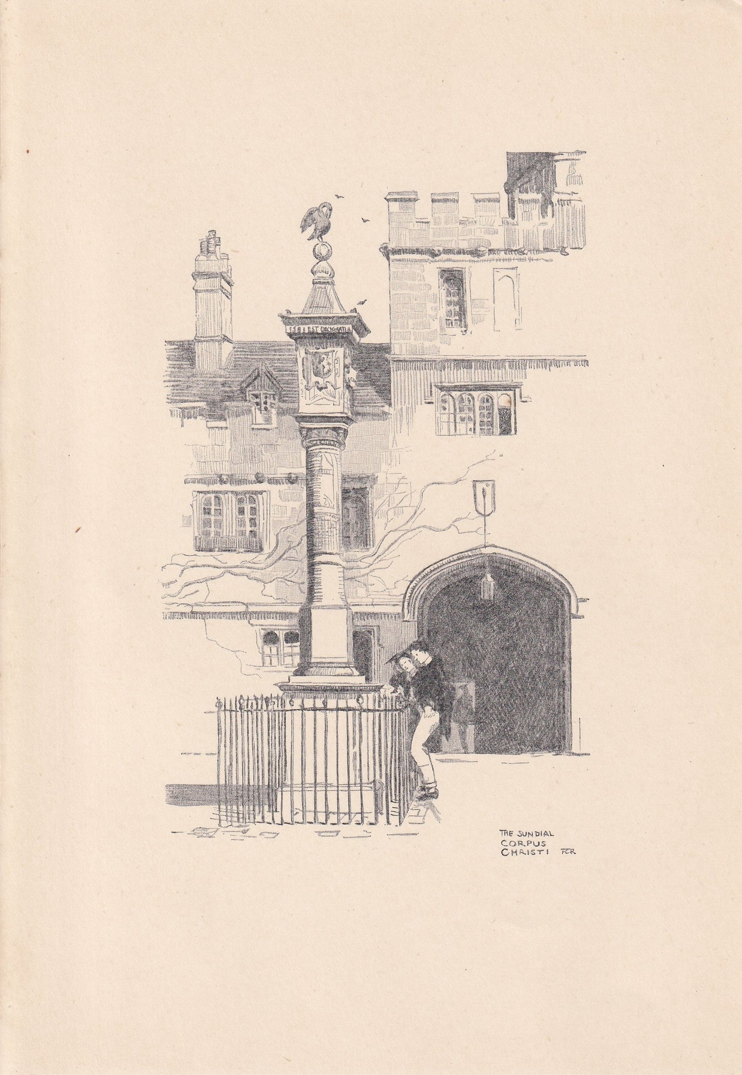 1923 OXFORD: CORPUS CHRISTI, The Sundial - Antique Oxford Print - Oxford University Print - Oxford Wall Art - 8.75 x 6 Inches