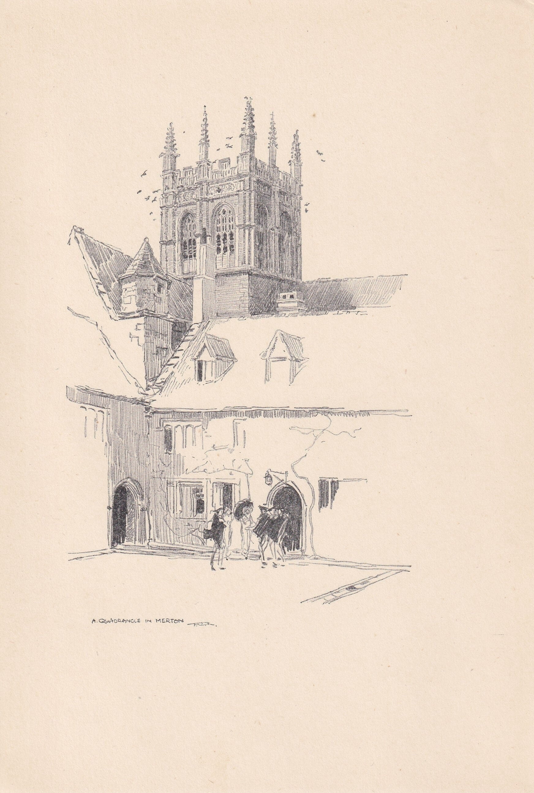 1923 OXFORD: MERTON COLLEGE Quadrangle - Antique Oxford Print - Oxford University Print - Oxford Wall Art - 8.75 x 6 Inches