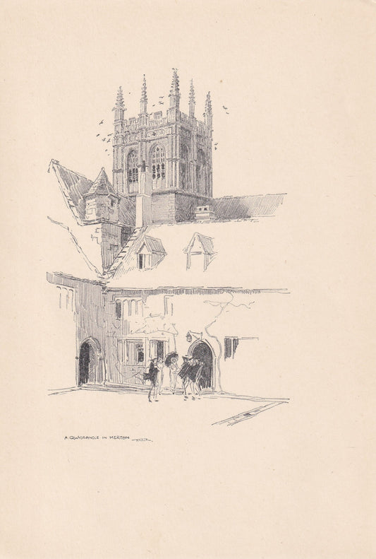1923 OXFORD: MERTON COLLEGE Quadrangle - Antique Oxford Print - Oxford University Print - Oxford Wall Art - 8.75 x 6 Inches