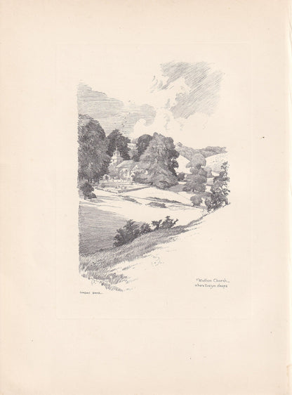 1929 WOTTON CHURCH - Antique Surrey Print - Surrey Drawing - Surrey Wall Art - Surrey Gift Idea - 10.15 x 7.25 Inches