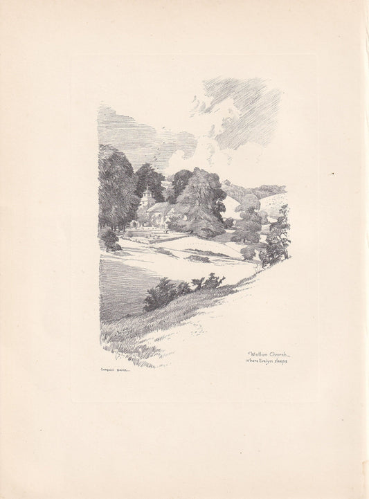 1929 WOTTON CHURCH - Antique Surrey Print - Surrey Drawing - Surrey Wall Art - Surrey Gift Idea - 10.15 x 7.25 Inches