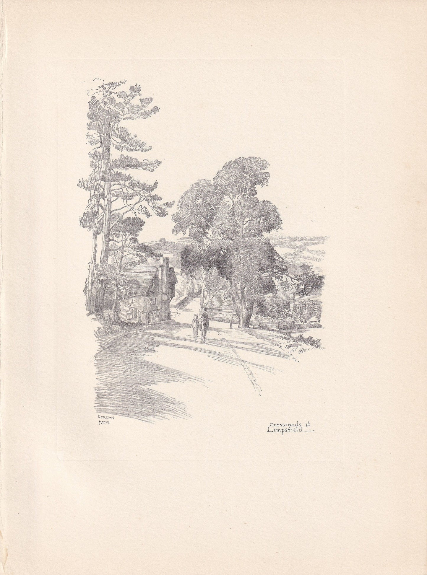 1929 CROSSROADS AT LIMPSFIELD - Antique Surrey Print - Surrey Drawing - Surrey Wall Art - Surrey Gift Idea - 10.15 x 7.25 Inches