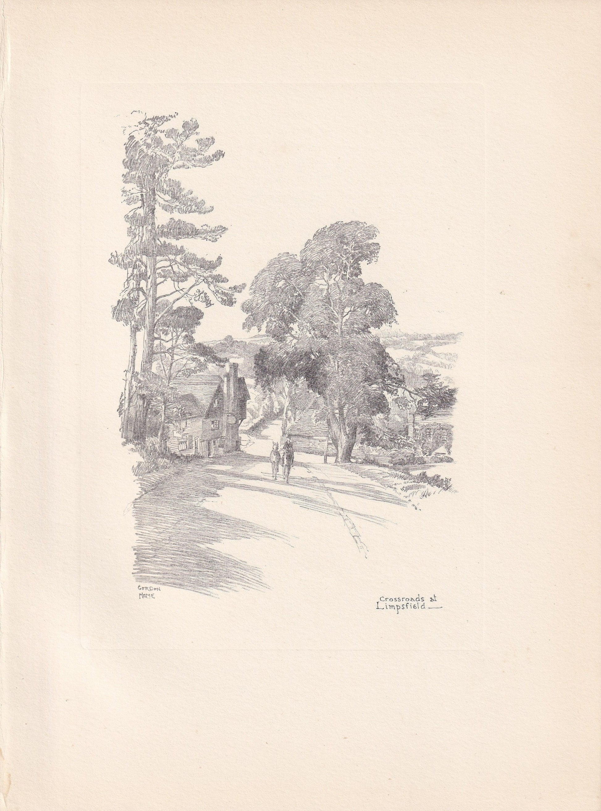 1929 CROSSROADS AT LIMPSFIELD - Antique Surrey Print - Surrey Drawing - Surrey Wall Art - Surrey Gift Idea - 10.15 x 7.25 Inches