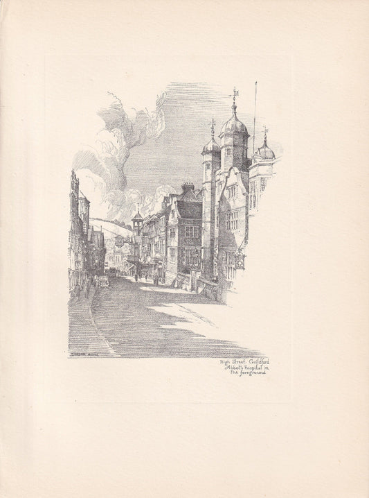 1929 GUILDFORD HIGH STREET - Antique Surrey Print - Surrey Drawing - Surrey Wall Art - Surrey Gift Idea - 10.15 x 7.25 Inches