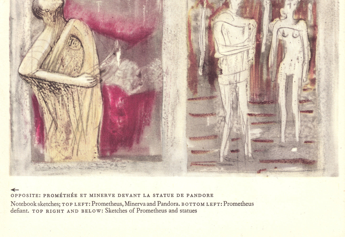 1952 HENRY MOORE LITHOGRAPH - Sketches of Prometheus, Minerva, Pandora - Original Henry Moore Print - - 9.75 x 7.15 Inches