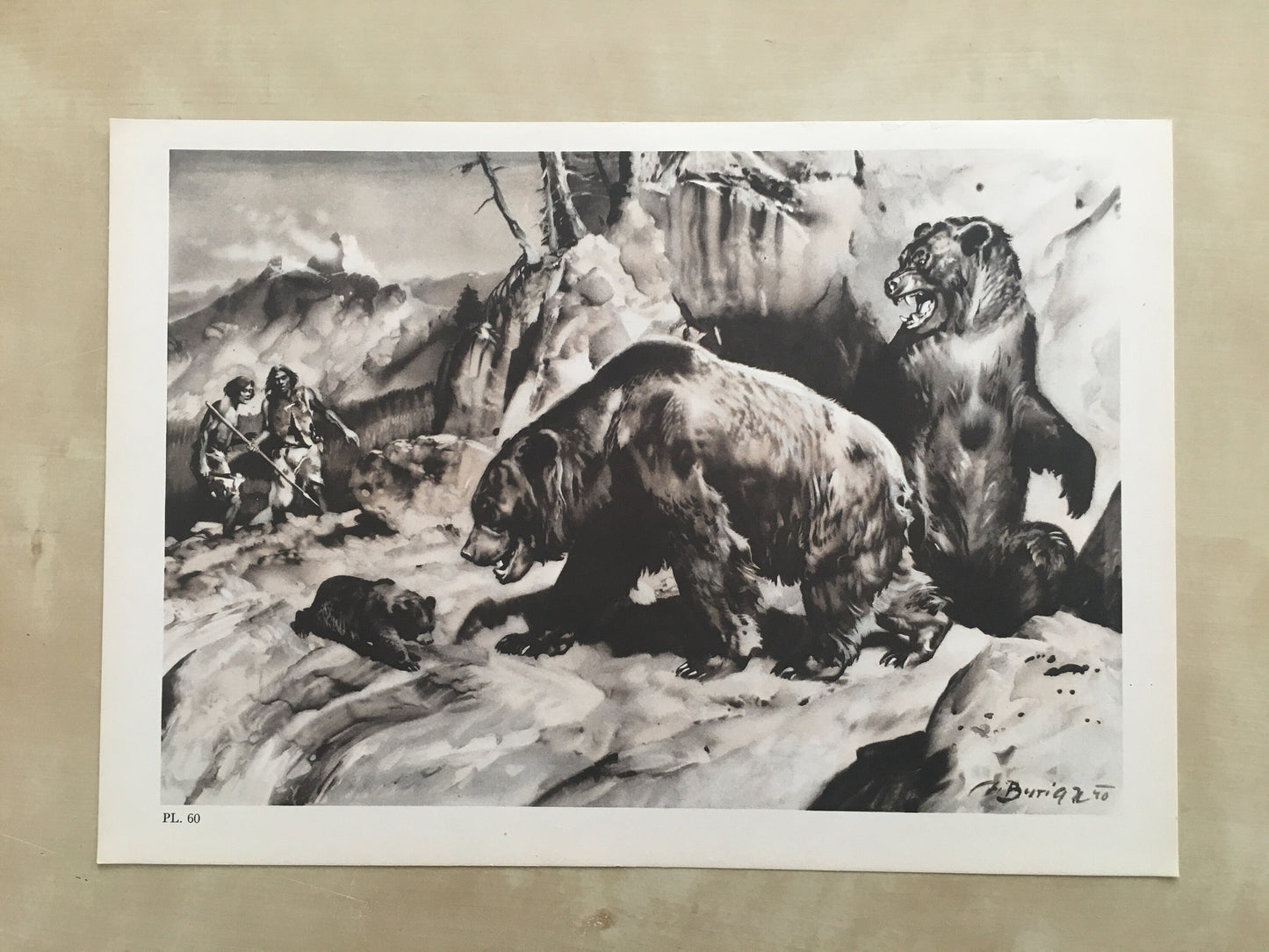 1960 CAVE BEAR & NEANDERTHALS Print - Prehistoric Animals Print - Paleoart - Cave Man Art - 63 Years Old - 13.5 x 9.75 Inches