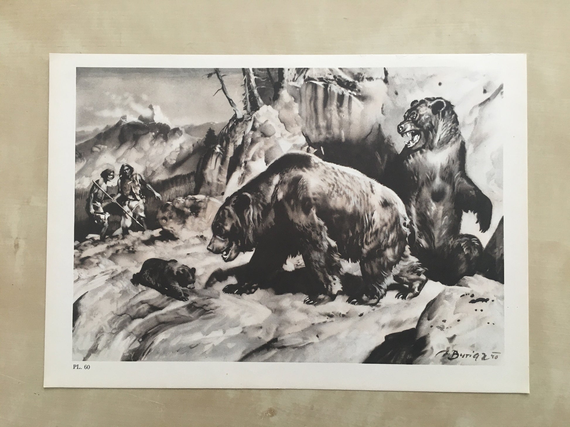 1960 CAVE BEAR & NEANDERTHALS Print - Prehistoric Animals Print - Paleoart - Cave Man Art - 63 Years Old - 13.5 x 9.75 Inches