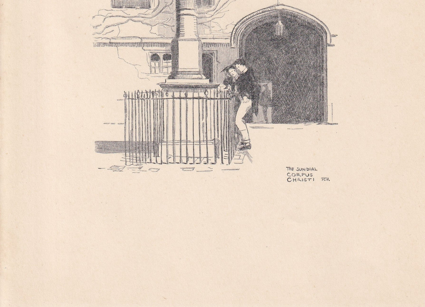 1923 OXFORD: CORPUS CHRISTI, The Sundial - Antique Oxford Print - Oxford University Print - Oxford Wall Art - 8.75 x 6 Inches