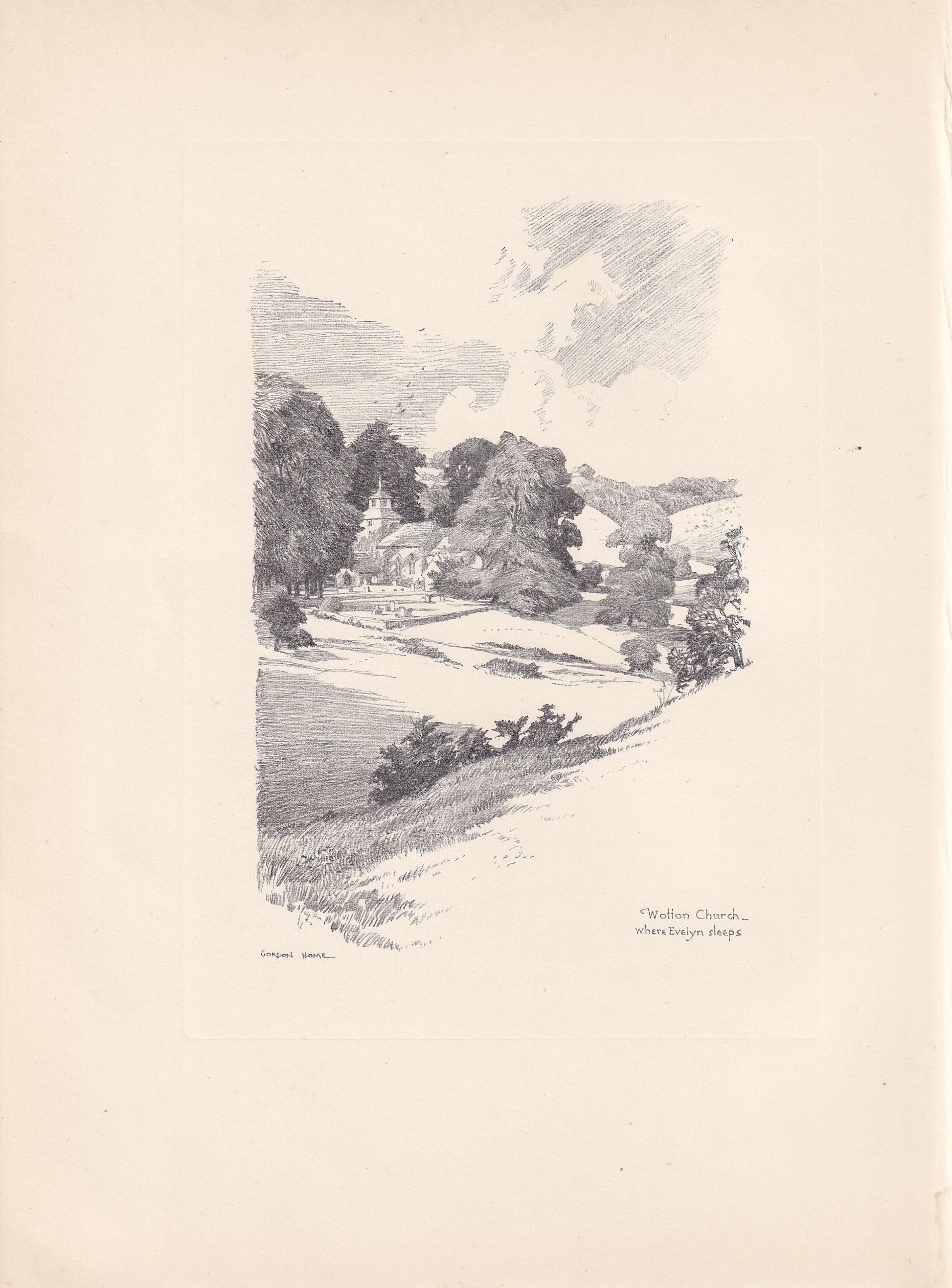 1929 WOTTON CHURCH - Antique Surrey Print - Surrey Drawing - Surrey Wall Art - Surrey Gift Idea - 10.15 x 7.25 Inches