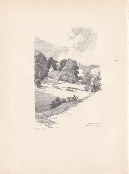 1929 WOTTON CHURCH - Antique Surrey Print - Surrey Drawing - Surrey Wall Art - Surrey Gift Idea - 10.15 x 7.25 Inches