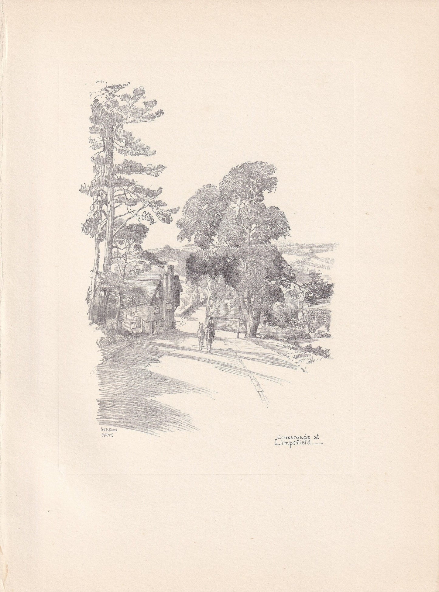 1929 CROSSROADS AT LIMPSFIELD - Antique Surrey Print - Surrey Drawing - Surrey Wall Art - Surrey Gift Idea - 10.15 x 7.25 Inches