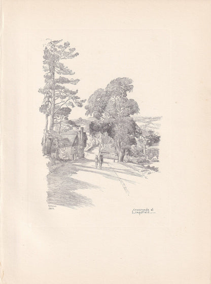 1929 CROSSROADS AT LIMPSFIELD - Antique Surrey Print - Surrey Drawing - Surrey Wall Art - Surrey Gift Idea - 10.15 x 7.25 Inches