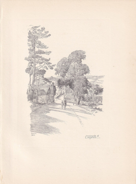 1929 CROSSROADS AT LIMPSFIELD - Antique Surrey Print - Surrey Drawing - Surrey Wall Art - Surrey Gift Idea - 10.15 x 7.25 Inches
