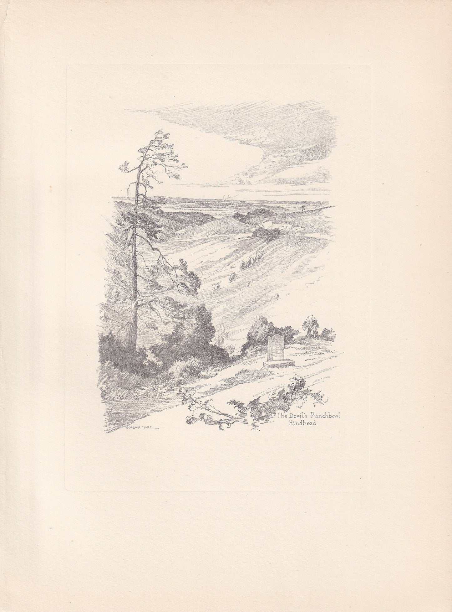 1929 HINDHEAD: The Devil's Punchbowl - Antique Surrey Print - Surrey Drawing - Surrey Wall Art - Surrey Gift Idea - 10.15 x 7.25 Inches