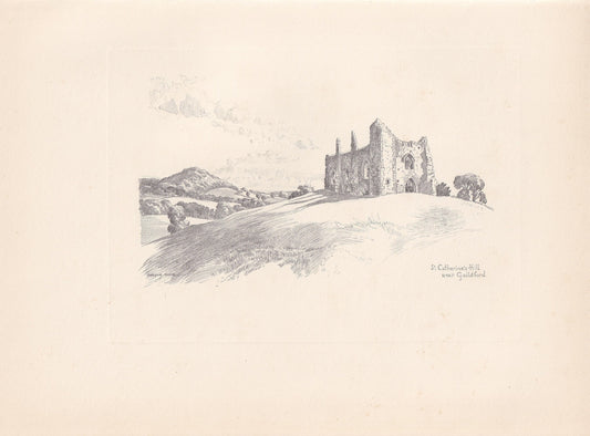 1929 GUILDFORD: St. Catherine's Hill - Antique Surrey Print - Surrey Drawing - Surrey Wall Art - Surrey Gift Idea - 10.15 x 7.25 Inches