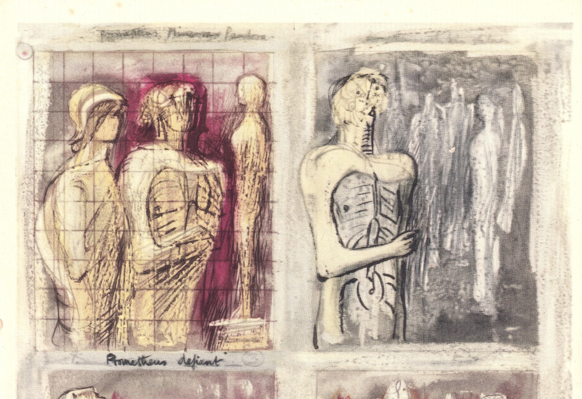 1952 HENRY MOORE LITHOGRAPH - Sketches of Prometheus, Minerva, Pandora - Original Henry Moore Print - - 9.75 x 7.15 Inches