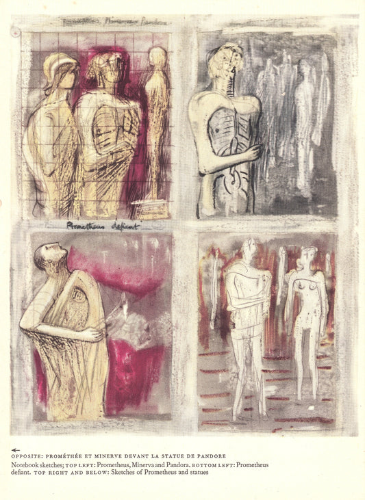 1952 HENRY MOORE LITHOGRAPH - Sketches of Prometheus, Minerva, Pandora - Original Henry Moore Print - - 9.75 x 7.15 Inches