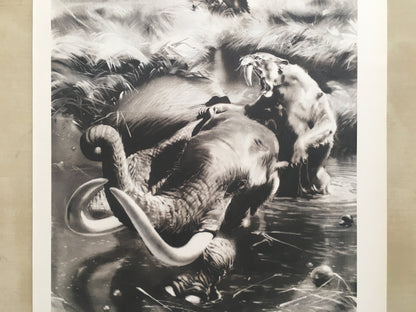 1960 SMILODON vs MAMMOTH Print - Prehistoric Animals Print - Paleoart - Sabre-Toothed Tiger - 63 Years Old - 13.5 x 9.75 Inches