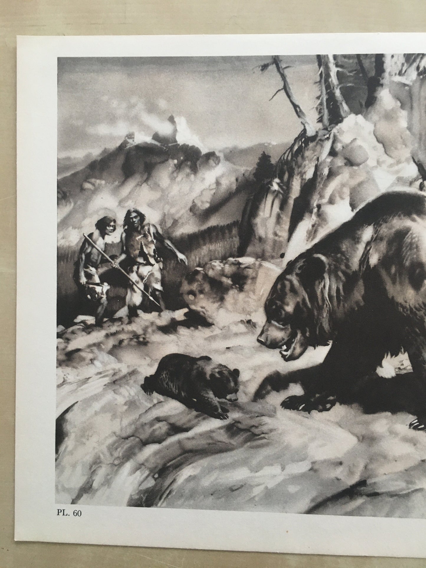 1960 CAVE BEAR & NEANDERTHALS Print - Prehistoric Animals Print - Paleoart - Cave Man Art - 63 Years Old - 13.5 x 9.75 Inches