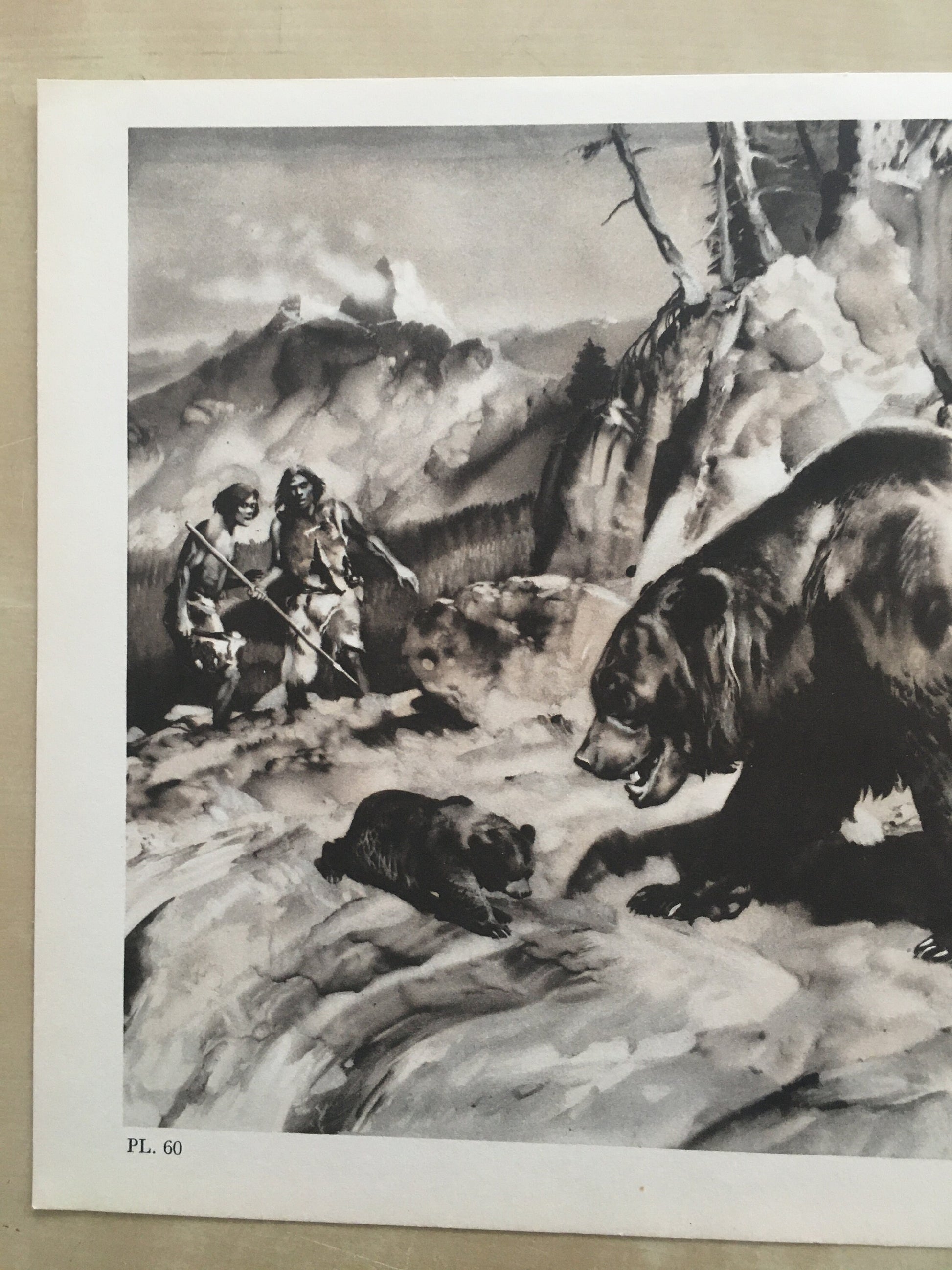 1960 CAVE BEAR & NEANDERTHALS Print - Prehistoric Animals Print - Paleoart - Cave Man Art - 63 Years Old - 13.5 x 9.75 Inches